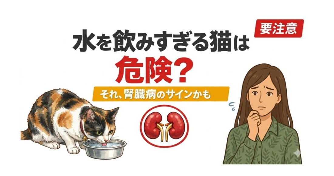 猫が水を飲みすぎる危険サインと慢性腎臓病の可能性を示すアイキャッチ画像