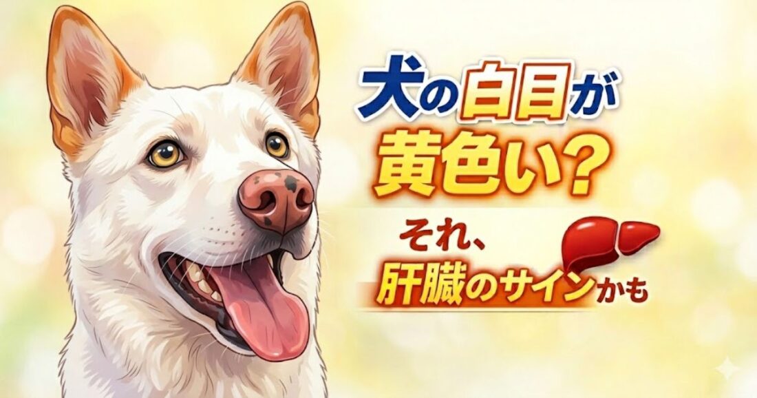 犬の白目が黄色くなっている黄疸の症状と慢性肝炎のサインを示したアイキャッチ画像