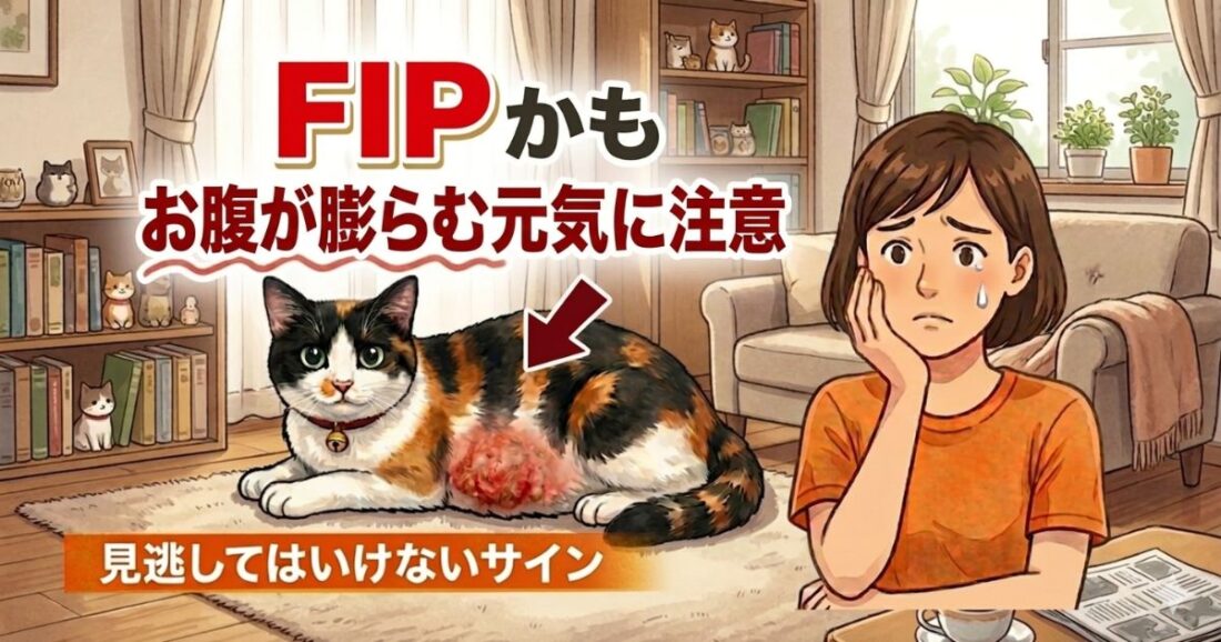猫のお腹が膨らむ・元気がない症状からFIPが疑われる状態を示したイメージ