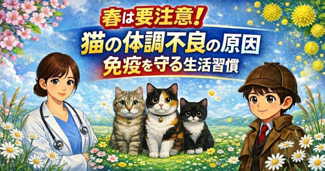 春の猫の体調不良と免疫低下の原因を解説する獣医師と少年、中央に複数の猫の顔イメージ
