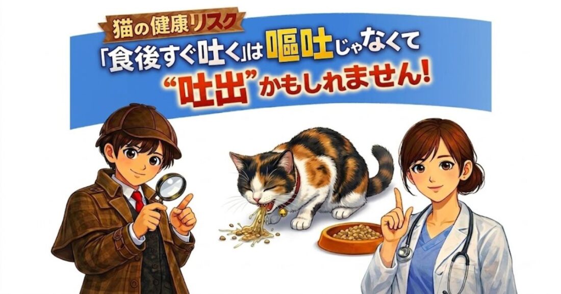 猫が食後すぐ吐くのは危険？それは吐出かも｜受診の目安と嘔吐との違い【蒼太探偵シリーズ】｜佐倉市の動物病院なら若山動物病院