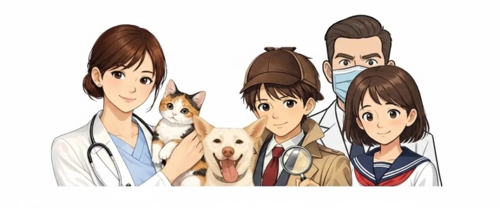 このコラムの登場人物のイラスト（おいどん先生、蒼太、結衣、リスク先生）