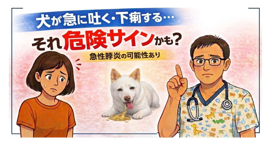 犬が急に吐く・下痢・ぐったりする症状から疑われる急性膵炎の注意喚起アイキャッチ