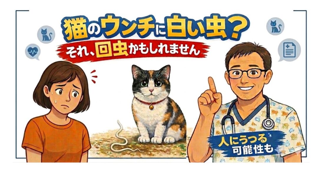 猫のウンチに白い虫が見られる回虫症の注意喚起を示したアイキャッチ画像