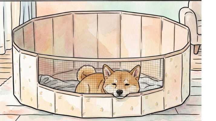 犬の認知症（認知機能障害）の夜鳴き・徘徊対策として有効な、お風呂マットで作った円形サークルのイラスト。柴犬が行き止まりのないサークル内を安全に歩き回る様子を描いた、若山動物病院・蒼太探偵シリーズの解説画像。