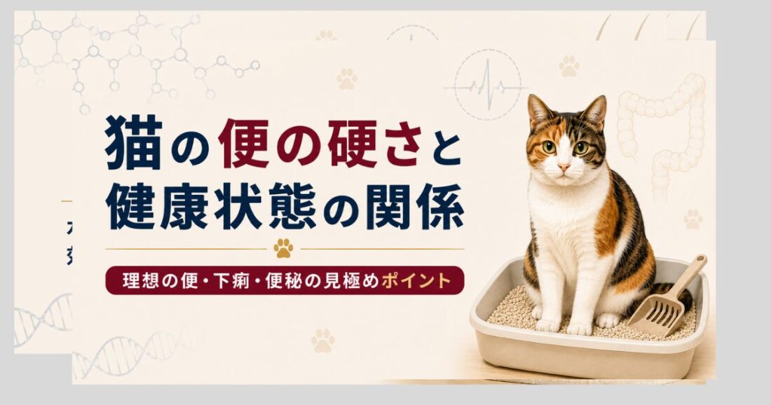 猫の便の硬さスコア（1〜5）と健康状態の関係を解説するアイキャッチ。三毛猫のイラストと便のスコア表を使い、便秘・軟便・下痢の見分け方や原因、対策、受診の目安をわかりやすく紹介している。