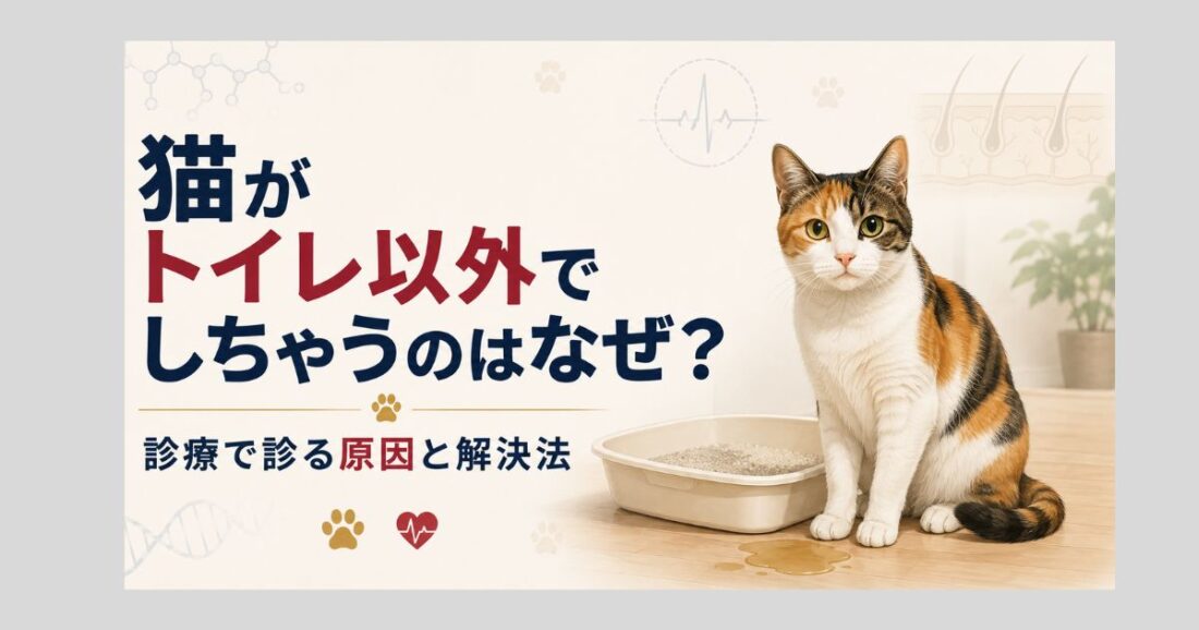 猫がトイレ以外で排尿・排便をしてしまう原因を解説するDr.Nyanコラムのアイキャッチ。おたま（三毛猫）がトイレの横に座るイラストを用い、病気やストレス、トイレ環境など診療で確認する原因と解決法をテーマにしたデザインです。